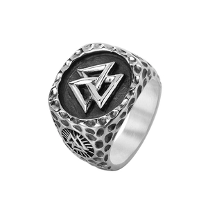 Viking Valknut Symbol Stainless Steel Ring For Men Vintage Hammered Texture Nordic Mythology Style Casting Jewelry Band Ring