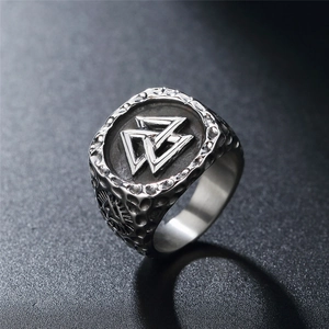 Vintage stainless steel Viking Valknut ring with matte silver finish and hammered texture