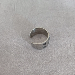 Retro punk style silver stainless steel open ring with hollowed cross floral pattern