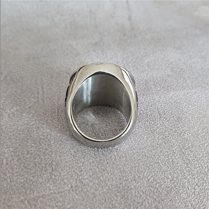 Mens Viking style stainless steel wide band ring with a brushed silver metallic finish