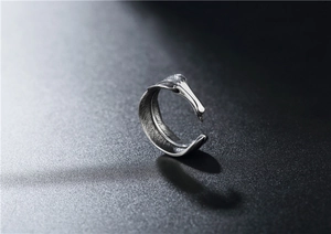 Macro shot of retro stainless steel feather ring with detailed vintage texture