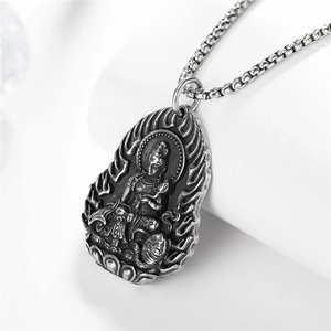 Vintage silver Guanyin Buddha pendant necklace in stainless steel with relief design