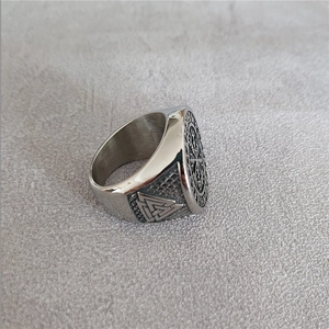 Vintage stainless steel Viking compass signet ring for men featuring Nordic runes and Valknut