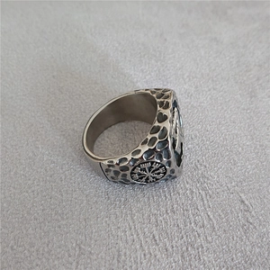 Vintage stainless steel Viking ring with hammered texture and Vegvisir compass engraving