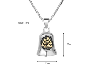 Detail view of Viking bell pendant in stainless steel with golden Valknut symbol and thick chain