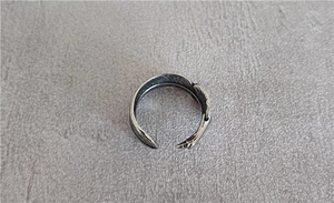 Macro shot of retro silver feather ring showing detailed carvings and oxidized finish