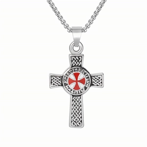 Vintage Tempelritter Kreuz Anhänger Halskette Edelstahl Keltischer Knoten Rote Emaille Christlicher Schmuck Für Herren Stahl Gold