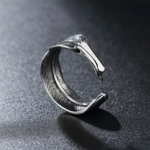 Retro stainless steel feather open ring with oxidized vintage finish for men and women