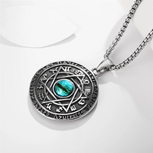 Gothic stainless steel necklace featuring a seven-pointed star pendant with teal gemstone