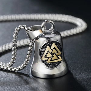 Vintage Viking bell pendant with gold Valknut symbol on stainless steel square chain
