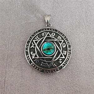 Vintage stainless steel necklace with hexagram emerald eye and zodiac rune symbols