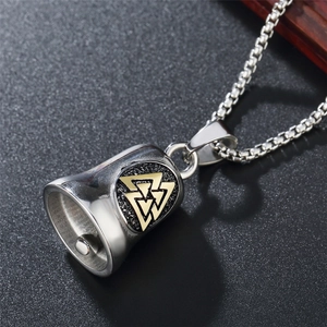 Nordic Viking bell pendant necklace in stainless steel with golden Valknut symbol detail