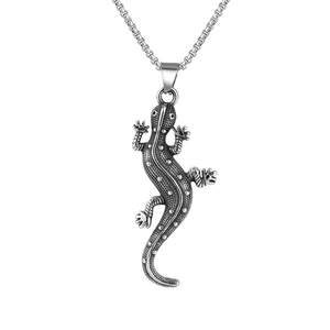 Collana con Ciondolo a Forma di Lucertola Geco in Acciaio Inossidabile Vintage per Uomo Donna Gioielli Punk Gotici in Argento Antico