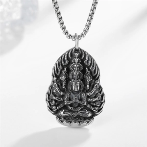 Vintage stainless steel Avalokitesvara Buddha pendant necklace with antique black finish