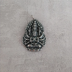 Retro stainless steel Thousand-Hand Guanyin Buddha pendant with vintage silver finish