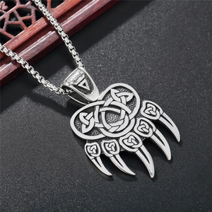 Viking bear claw pendant necklace in stainless steel with Celtic knot engraving details