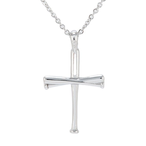 Colgante de cruz con bates de béisbol de acero inoxidable pulido y cadena de plata tipo O