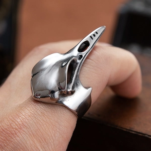 Gothic style stainless steel woodpecker skull ring with a vintage silver oxidized finish
