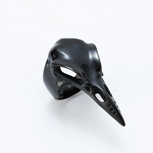 Gothic punk black woodpecker skull ring with long beak in polished stainless steel