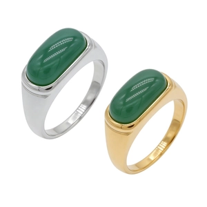 Vintage Stainless Steel Signet Ring For Men Women Gold Silver Plated Rectangle Green Black Artificial Agate Stone Fashion Ring