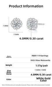 Technical diagram showing 4mm moissanite flower stud earrings in S925 sterling silver