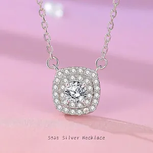 925 Sterlingsilber Moissanit Halskette Für Damen Halo Quadratischer Anhänger Doppelreihige Strass Schmuck Box Kette Halsketten Geschenk