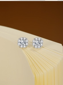 Detailed view of S925 silver cluster flower stud earrings with brilliant moissanite stones