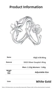 Spécifications détaillées des bagues de couple réglables en argent S925 fleur de lys