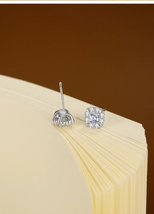 Detailed close-up of S925 sterling silver earring with halo moissanite stone design