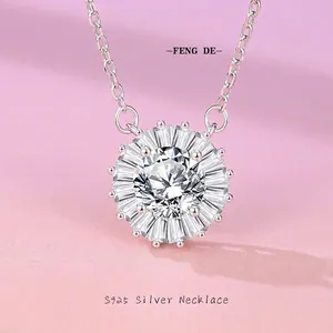 Collier Pendentif Tournesol en Argent Sterling 925 Moissanite Design Halo en Zirconia Bijoux Mode pour Femme