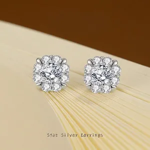 925 Sterling Silver Moissanite Stud Earrings For Women White Gold Plated Zirconia Flower Cluster Ear Studs Fashion Jewelry Gift