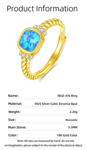 Detalles del anillo de plata S925 con opalo azul, baño de oro 18K y especificaciones