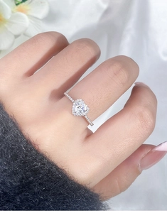 Detail of S925 sterling silver ring featuring a 5mm heart-shaped moissanite in halo setting
