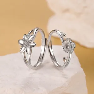Nouveau Style Chinois Fleur de Lys Argent Sterling 925 Bagues Ouvertes Pour Couples Bague Assortie Réglable Bijoux Saint Valentin Cadeau