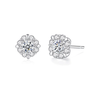 Sparkling S925 sterling silver flower stud earrings with brilliant round moissanite stones