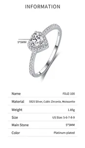 Detailed specs of S925 silver heart moissanite ring with 5x5mm stone and US sizes