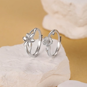 Élégante paire de bagues ouvertes réglables en argent sterling S925 lys et cerisier