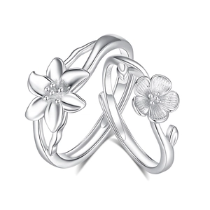 Bagues de couple en argent sterling S925 style chinois avec lys et fleur de cerisier