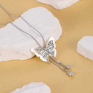 Long S925 silver butterfly necklace with shell wings and dangling water-drop pendants