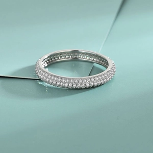 Elegant S925 sterling silver three-row pavé setting full diamond ring for women