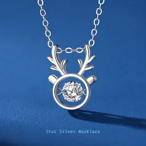 Dancing Stone Moissanite Deer Antler Pendant Necklace 925 Sterling Silver Chain Reindeer Jewelry For Women Elegant Gift