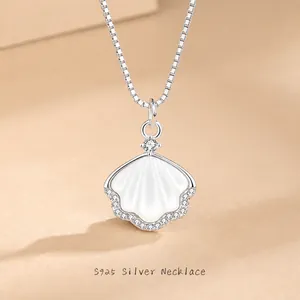 925 Sterling Zilveren Schelp Hanger Ketting Voor Dames Kunstparelmoer Zirkonia Elegant Waaiervormig Mode Sieraden