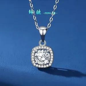Detail of S925 silver necklace featuring a halo square pendant with moissanite diamond