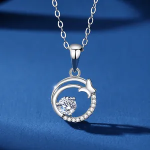 Elegant S925 silver necklace featuring a moissanite bow pendant on a textured blue background