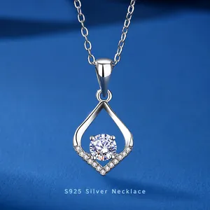 Elegant S925 sterling silver moissanite necklace with a water drop pendant on blue background