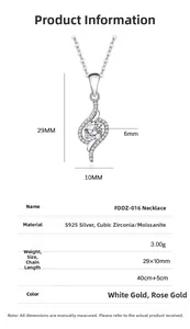 Detailed size specifications for S925 sterling silver D color moissanite pendant necklace