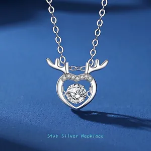 Collier Moissanite Coeur Dansant en Argent Sterling 925 Élégant Collier Pendentif Bois de Cerf Pour Femmes Bijoux en Zirconium Cadeau