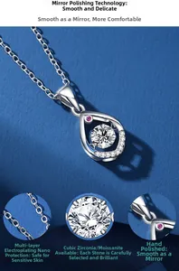Detail showing tear-drop pendant with round center stone and pink accent on polished silver chain