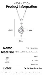 Detailed size specifications for S925 silver heart necklace with moissanite pendant