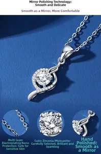Detail of s925 silver heart necklace showing polished chain and round moissanite stone
